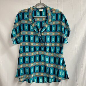 Tracy Reese New York 100% Silk Short Sleeve Top Geo Print Multi Size Medium